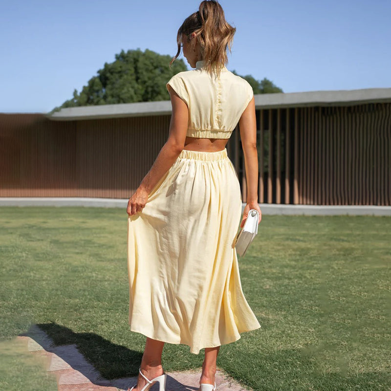Amelia - Chic Women's Wedding Guest Midi Dress with Cut Out Waist and High Neck