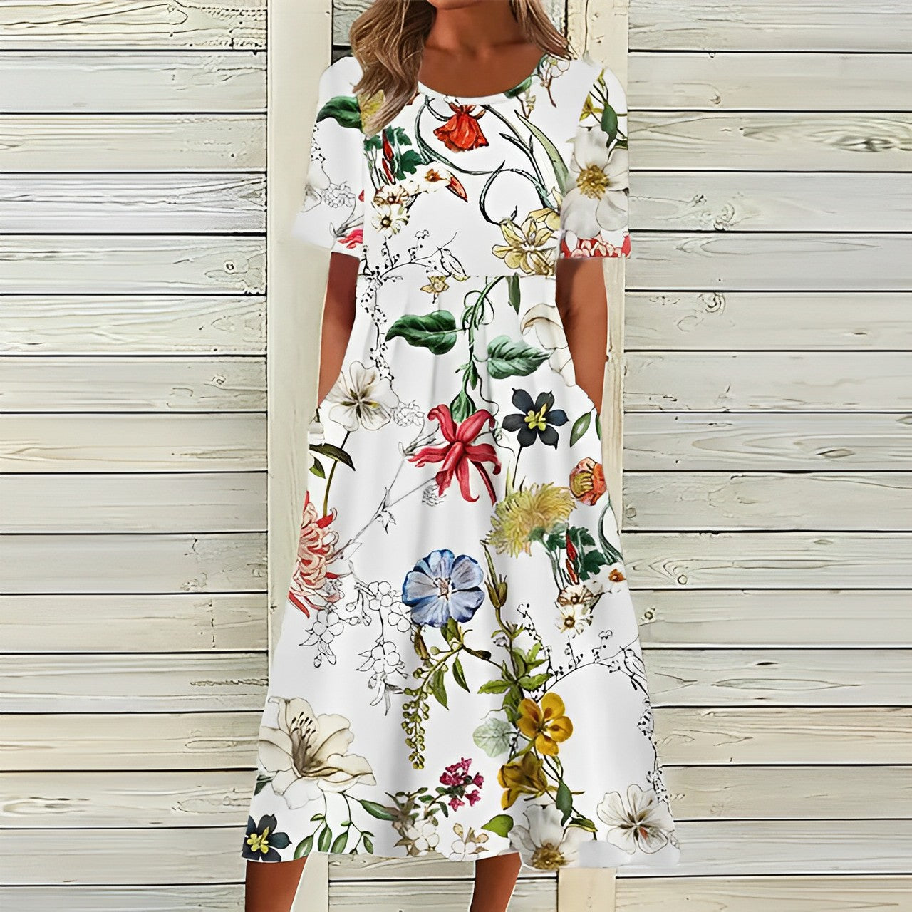 Bridget - Vintage Women's Summer Dress with Round Neckline and Side Pockets