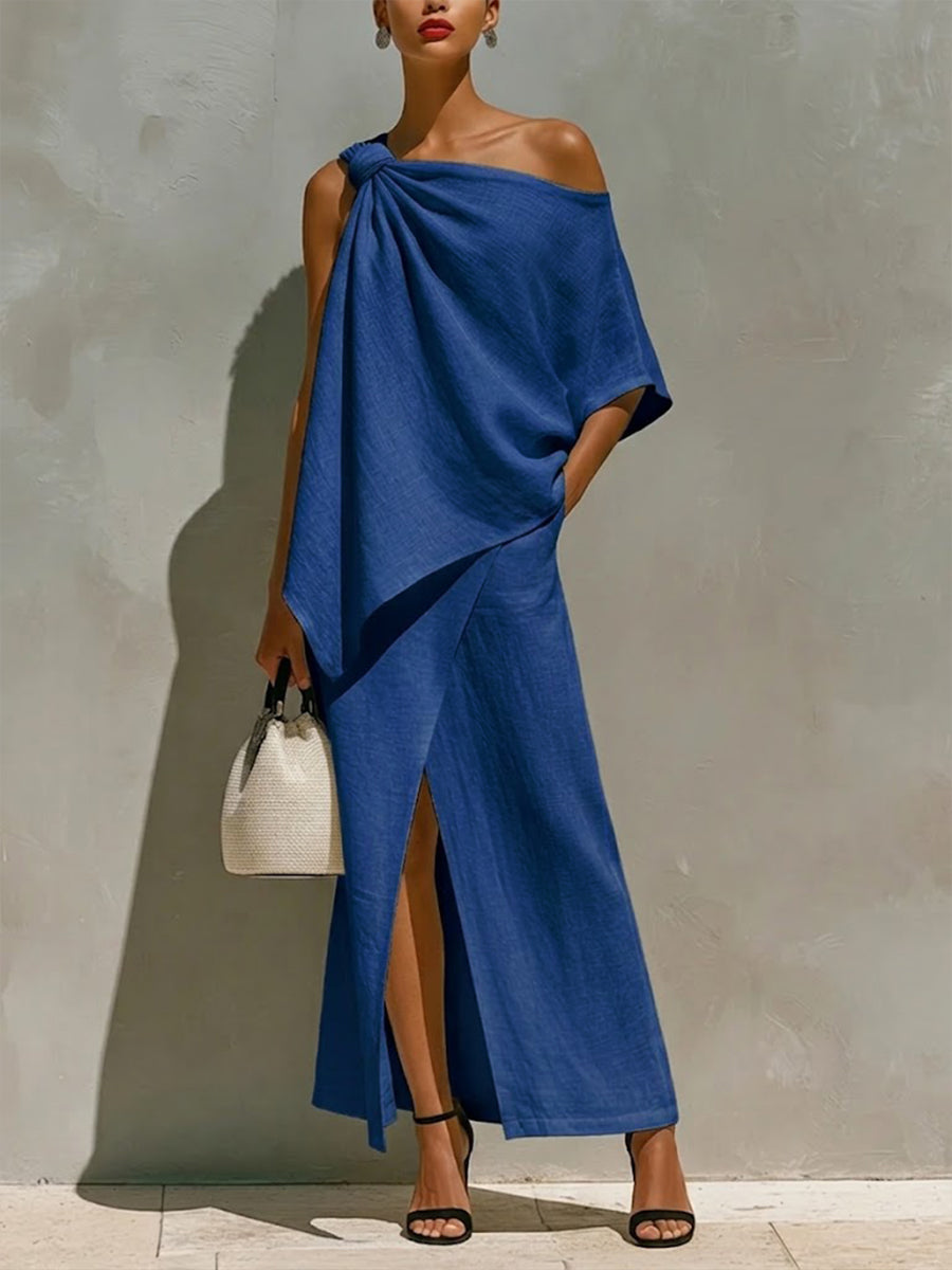 Chloe - Elegant Women's Linen Set with One Shoulder Drape and Front Slit