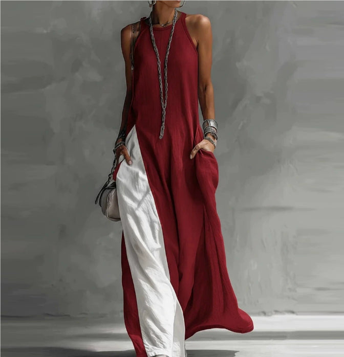 Cleo - Relaxed Women's Linen Maxi Dress with Racerback and Colour Block Panel