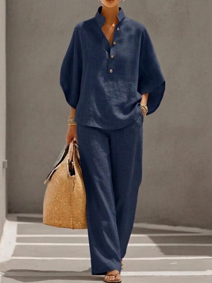Daisy - Casual Women's Linen Set with Batwing Sleeves and Wide Leg Trousers