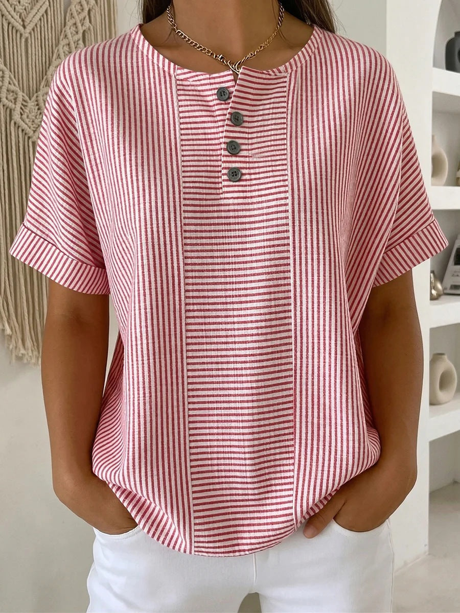 Daphne - Preppy Women's Linen Cotton Shirt with Striped Print and Button Placket