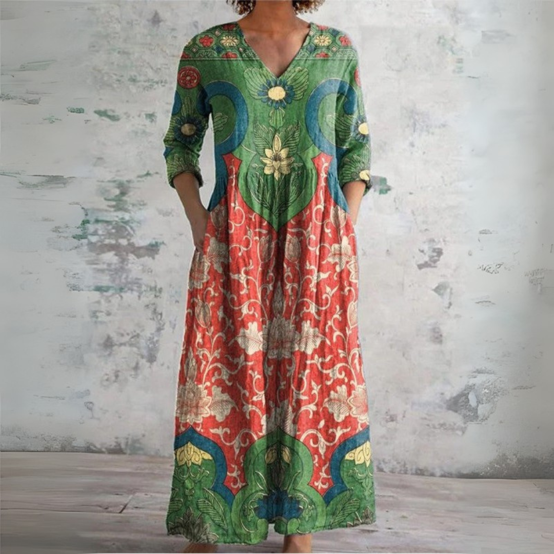 Ella - Boho Women's Linen Maxi Dress with V-Neck and Ethnic Floral Print