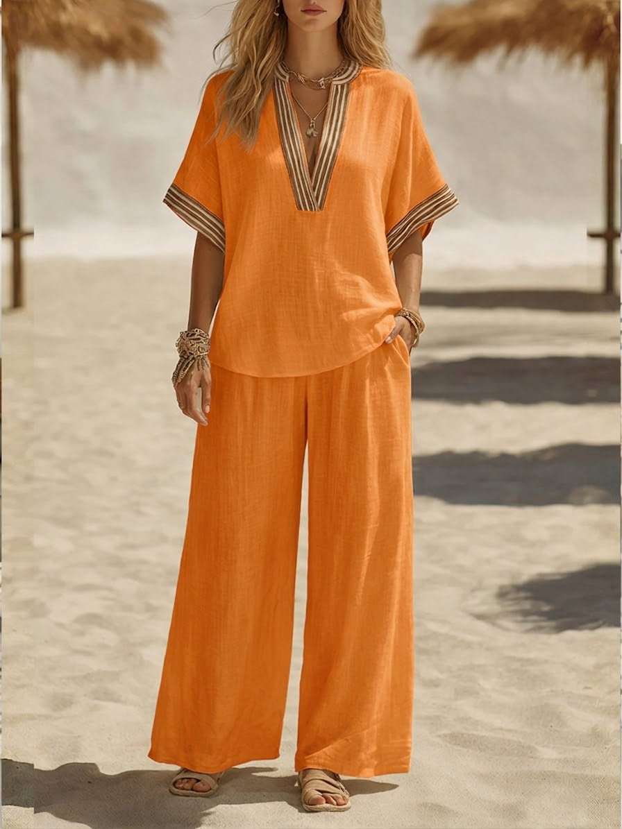 Ella - Boho Women's Linen Set with V-Neck Striped Trim and Wide Leg Trousers