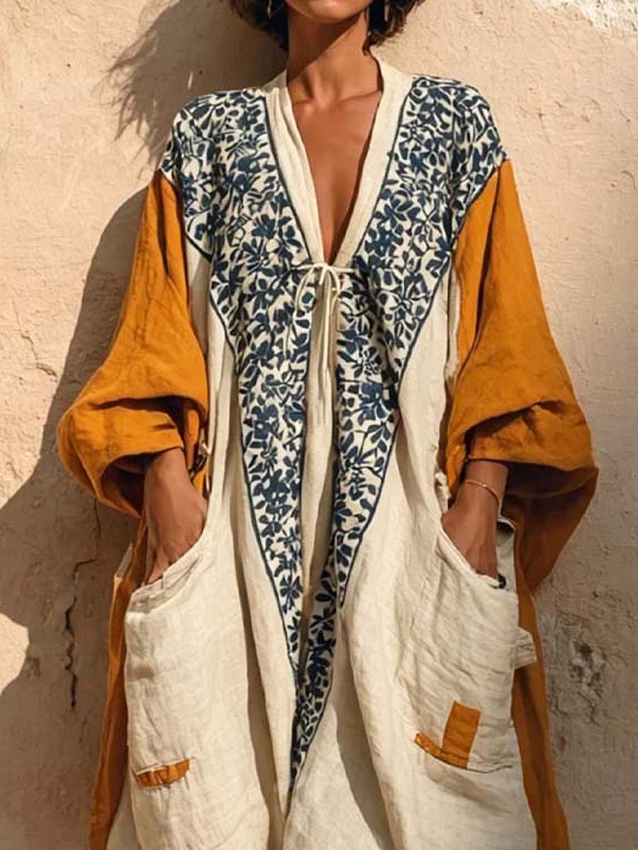 Florence - Boho Women's Linen Jumpsuit with Floral Trim and V-Neck