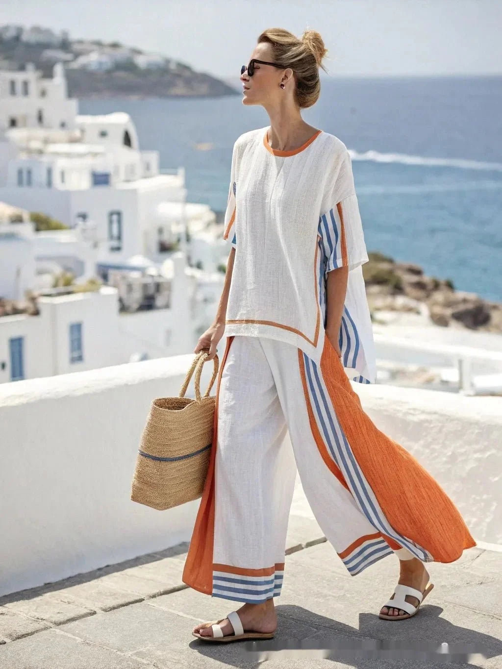 Florence - Boho Women's Linen Summer Set with Wide Leg Trousers and Cape Sleeve Top