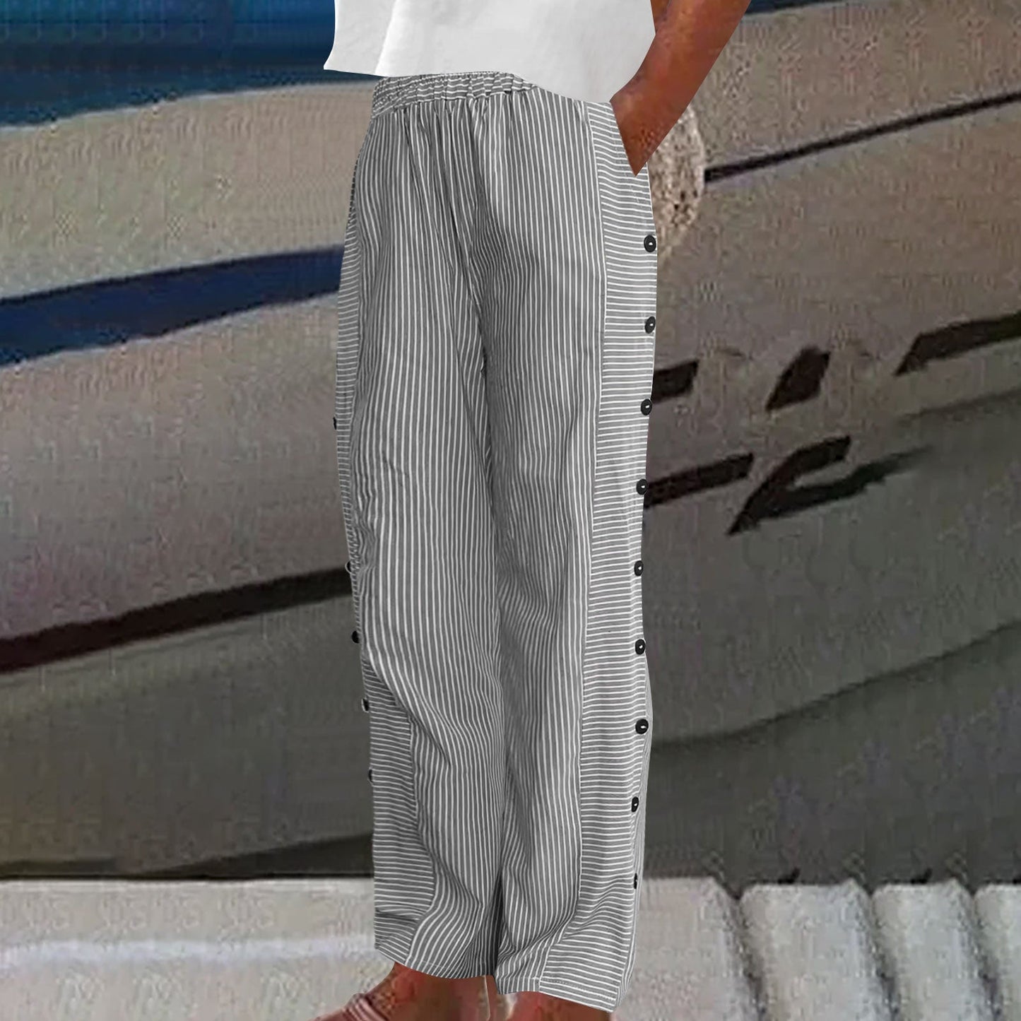 Florence - Casual Women's Linen Trousers with Side Button Detail and Wide Leg
