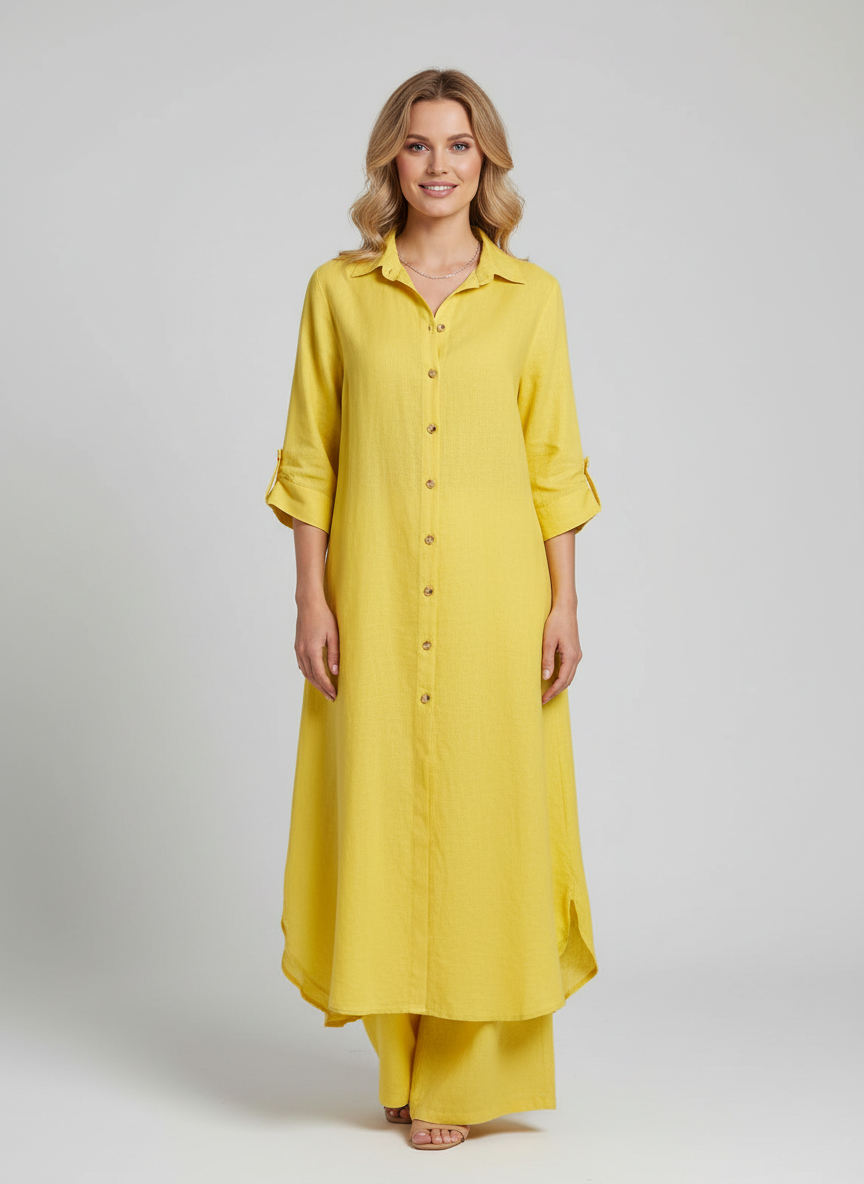 Florence - Smart Women's Linen Set with Longline Shirt and Wide-Leg Trousers