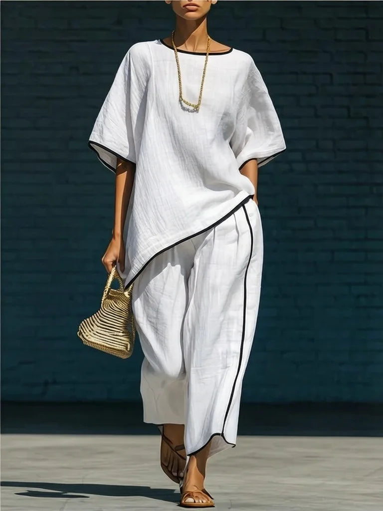 Freya - Casual Women's Linen Two-Piece Set with Round Neck and Wide-Leg Trousers