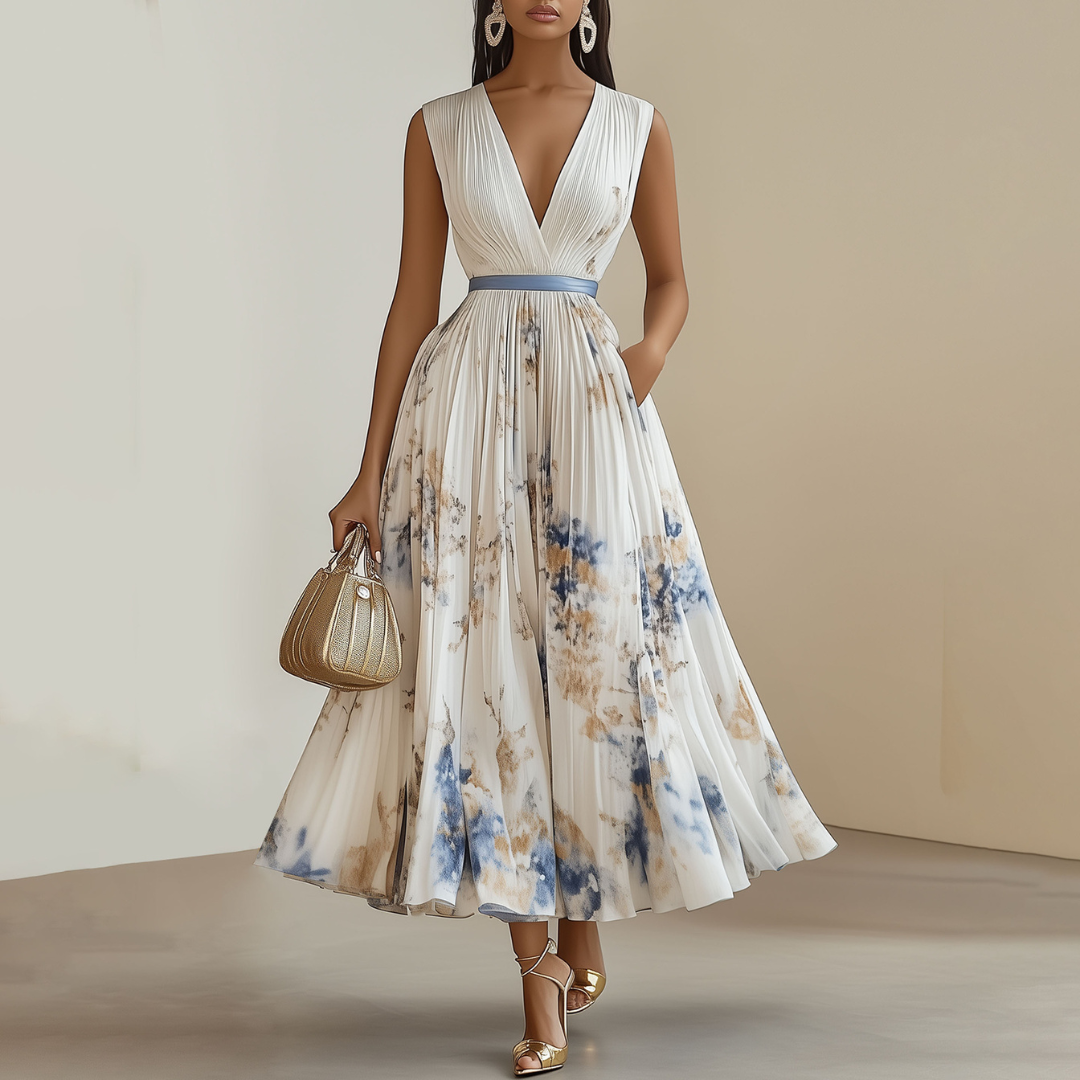 Freya - Elegant Women's Wedding Guest Midi Dress with V-Neck and Pleated Skirt