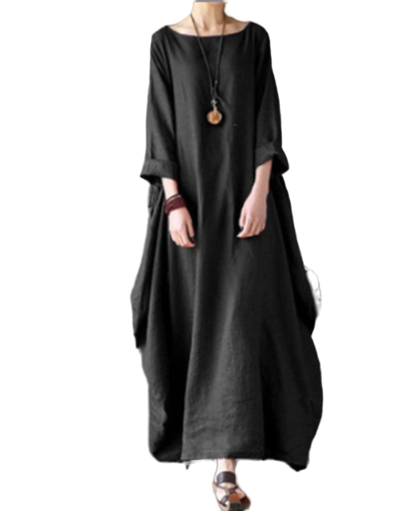 Freya - Vintage Women's Cotton Linen Dress with Batwing Sleeves