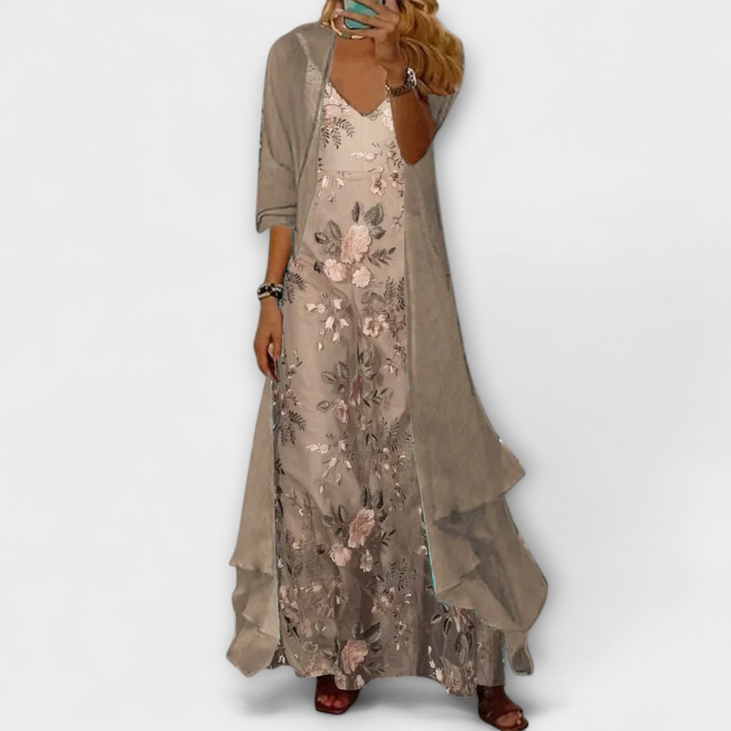 Hannah - Boho Women's Floral Maxi Dress with Layered Cardigan and V-Neck