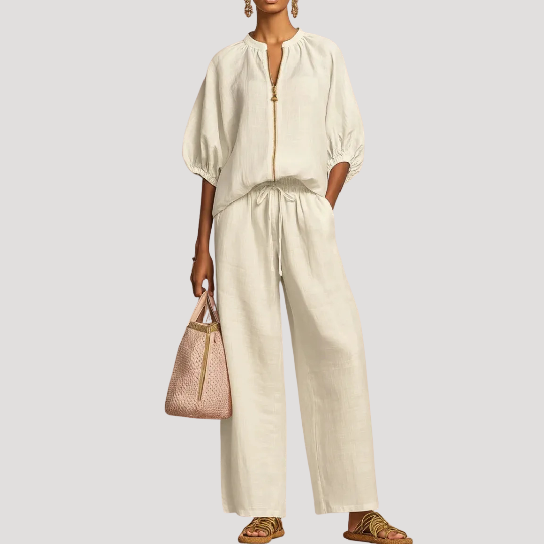 Heidi - Chic Women's Linen Co-Ord Set with Balloon Sleeve Top and Wide Leg Trousers