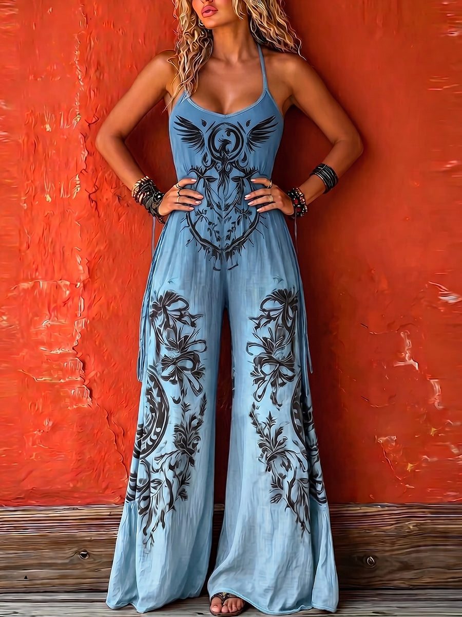 Iris - Boho Women's Linen Jumpsuit with Halter Neck and Graphic Print