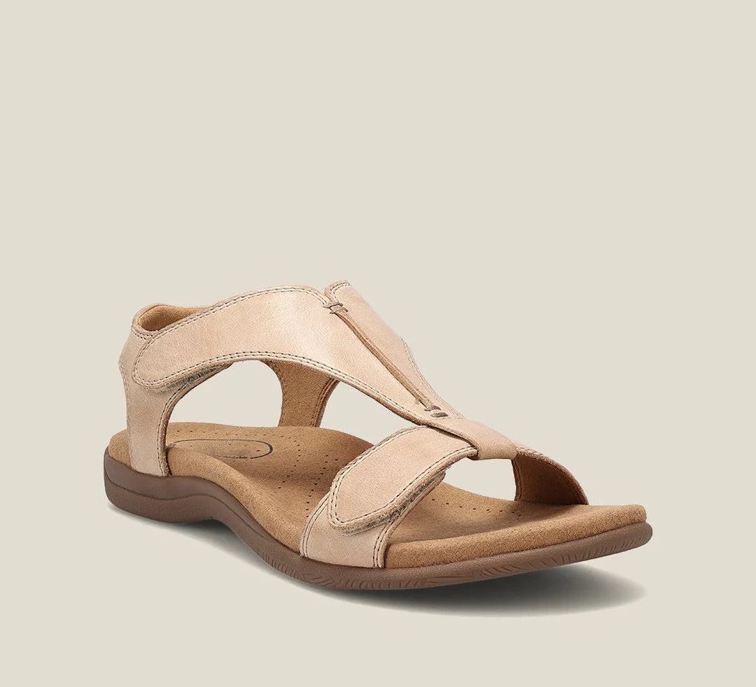 Lena - Casual Women's Orthopedic Flat Sandals with T-Bar Zip Front and Contoured Footbed