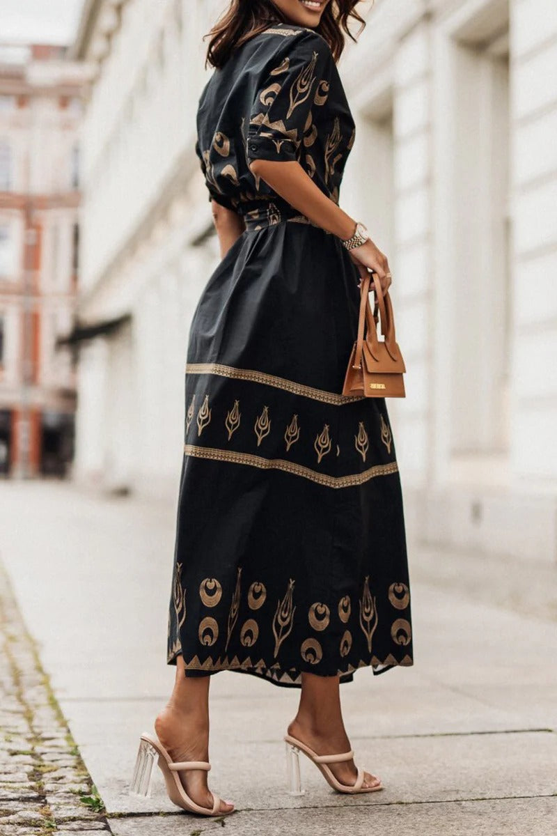 Leonie - Vintage Women's Maxi Dress with Shirt Collar and Embroidered Detail