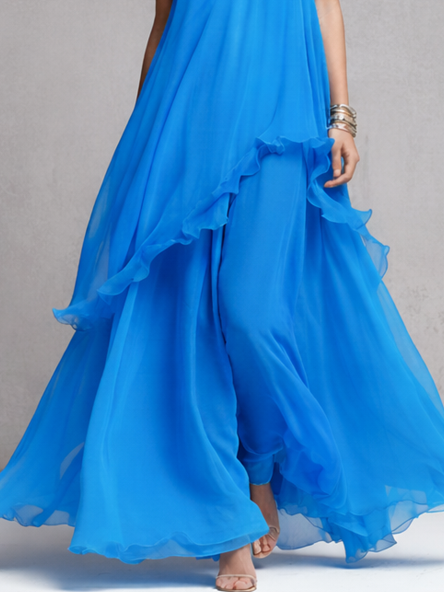 Lily - Flowy Women's Maxi Dress with Layered Hem and Thin Straps