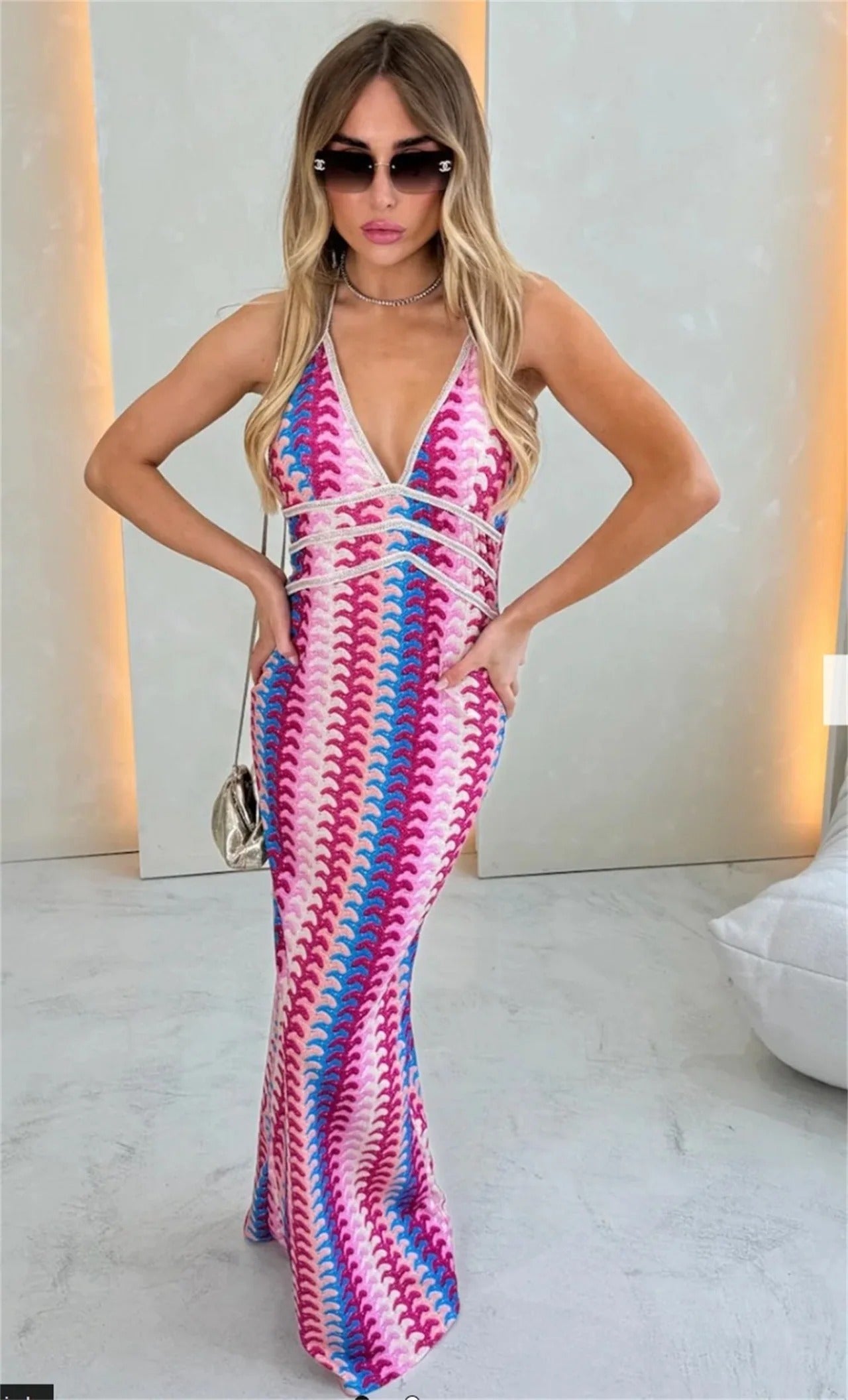 Naomi - Boho Women's Wedding Guest Maxi Dress with Halter Neck and Geometric Print