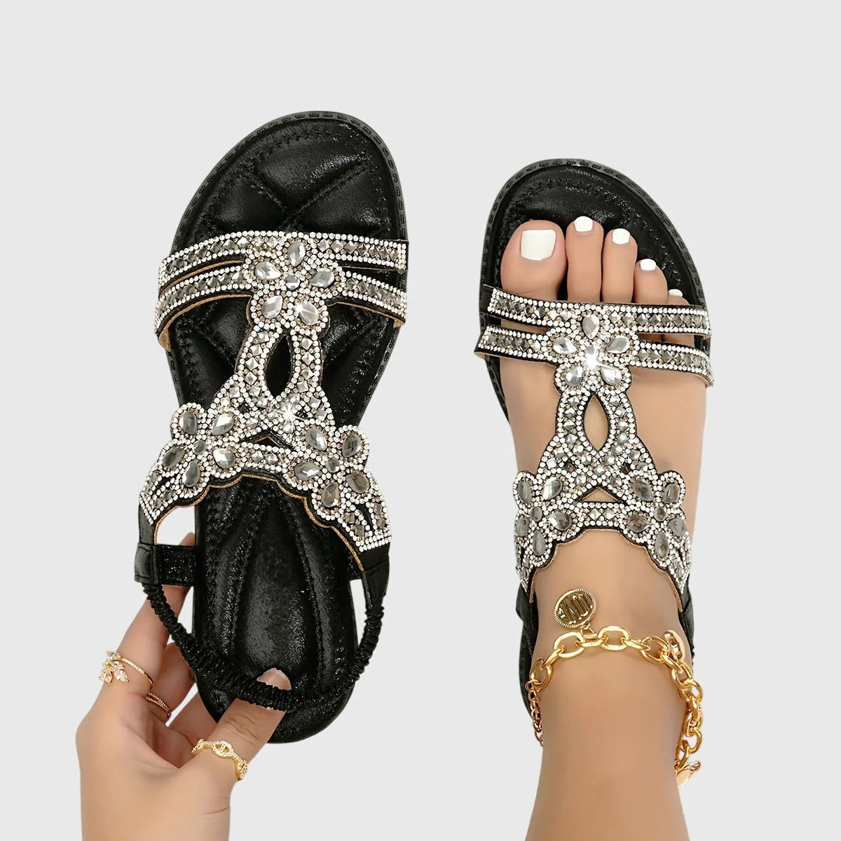 Olivia - Glam Women's Orthopedic Flat Sandals with Rhinestone Embellishment and Elastic Back Strap