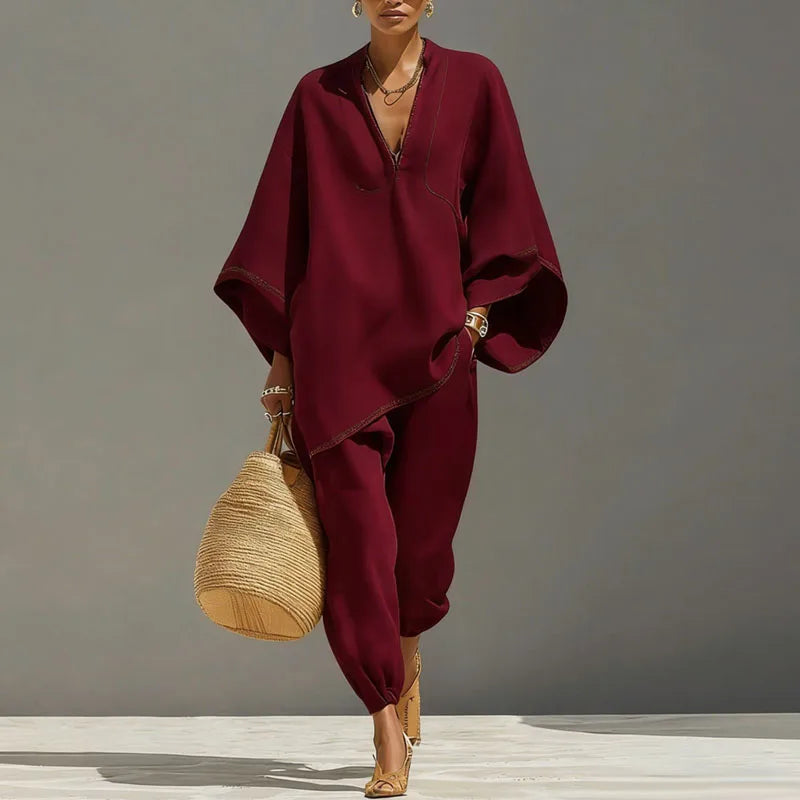 Olivia - Casual Women's Linen Two-Piece Set with V-Neck Batwing Top and Tapered Trousers