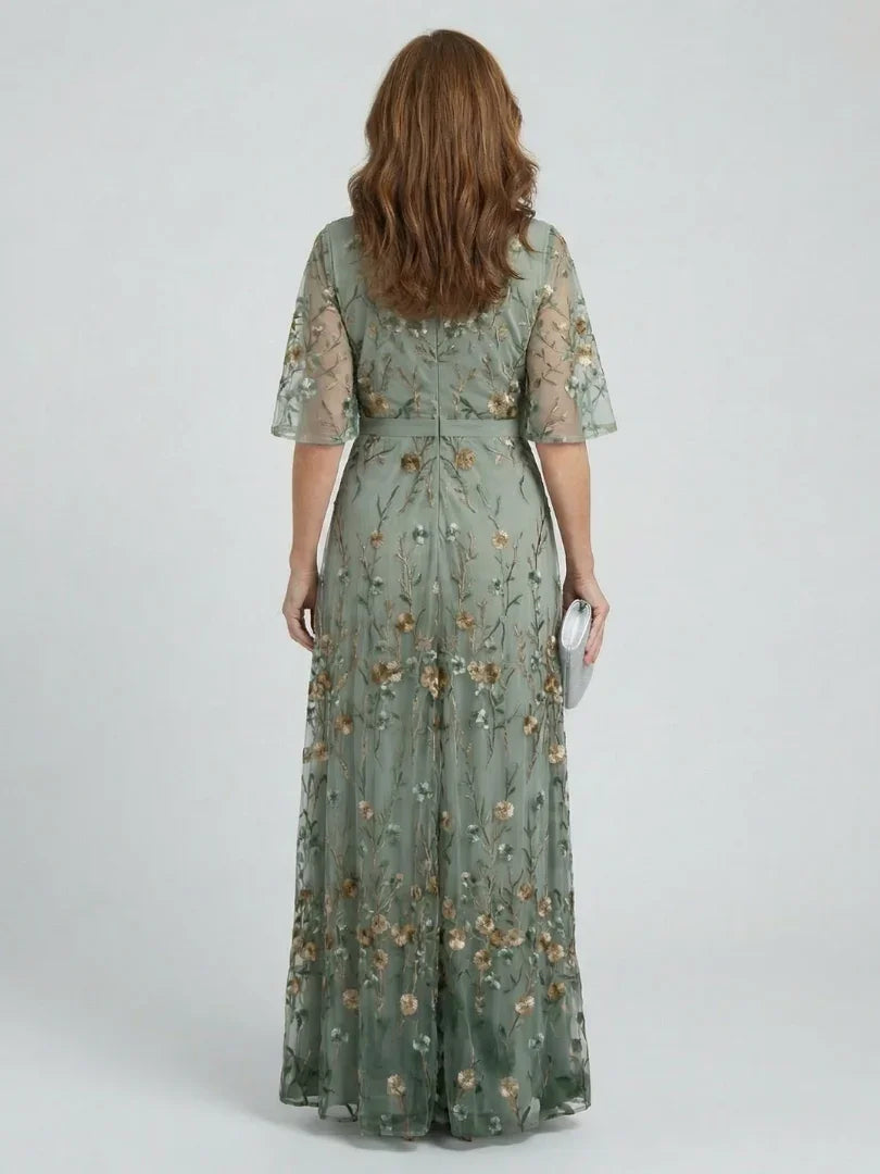 Olivia - Elegant Women's Maxi Dress with V-Neck and Floral Embroidery