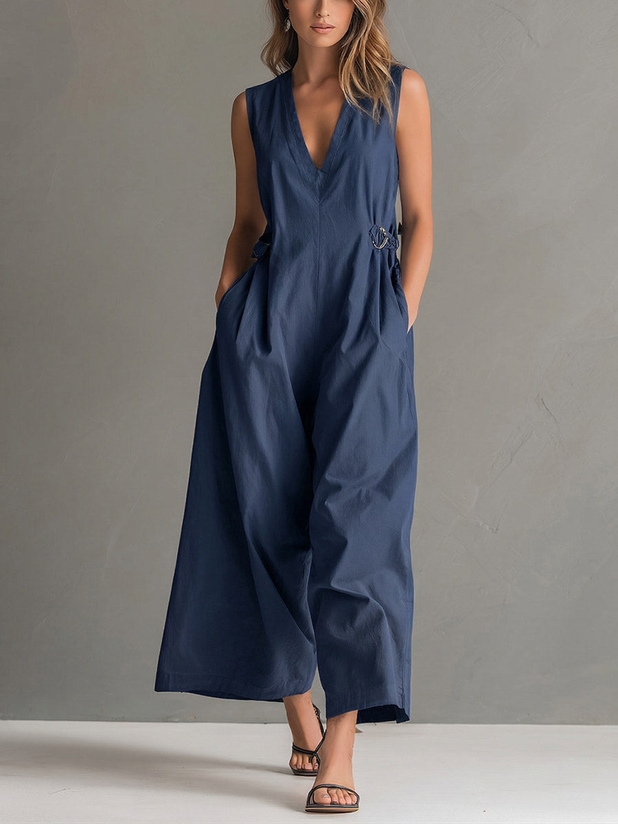 Phoebe - Smart Women's Linen Jumpsuit with V-Neck and Side Knot Detail
