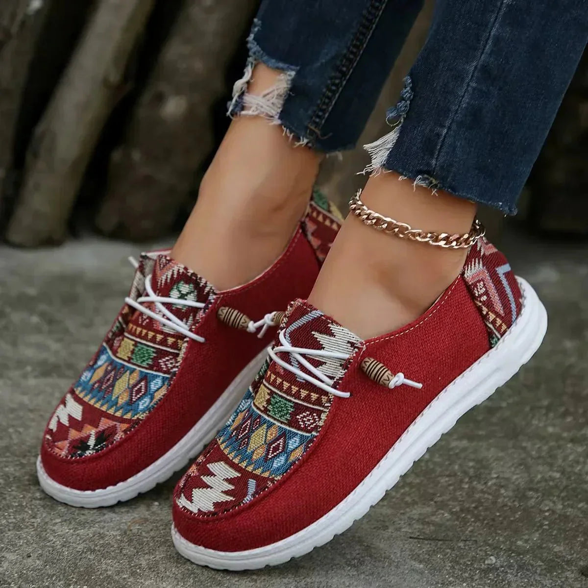 Rosie - Boho Women's Comfort Loafers with Patterned Design and Toggle Lace