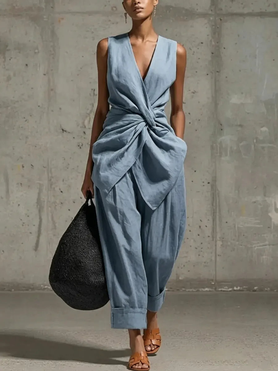 Ruby - Elegant Women's Linen Set with Twist Front and Balloon Trousers