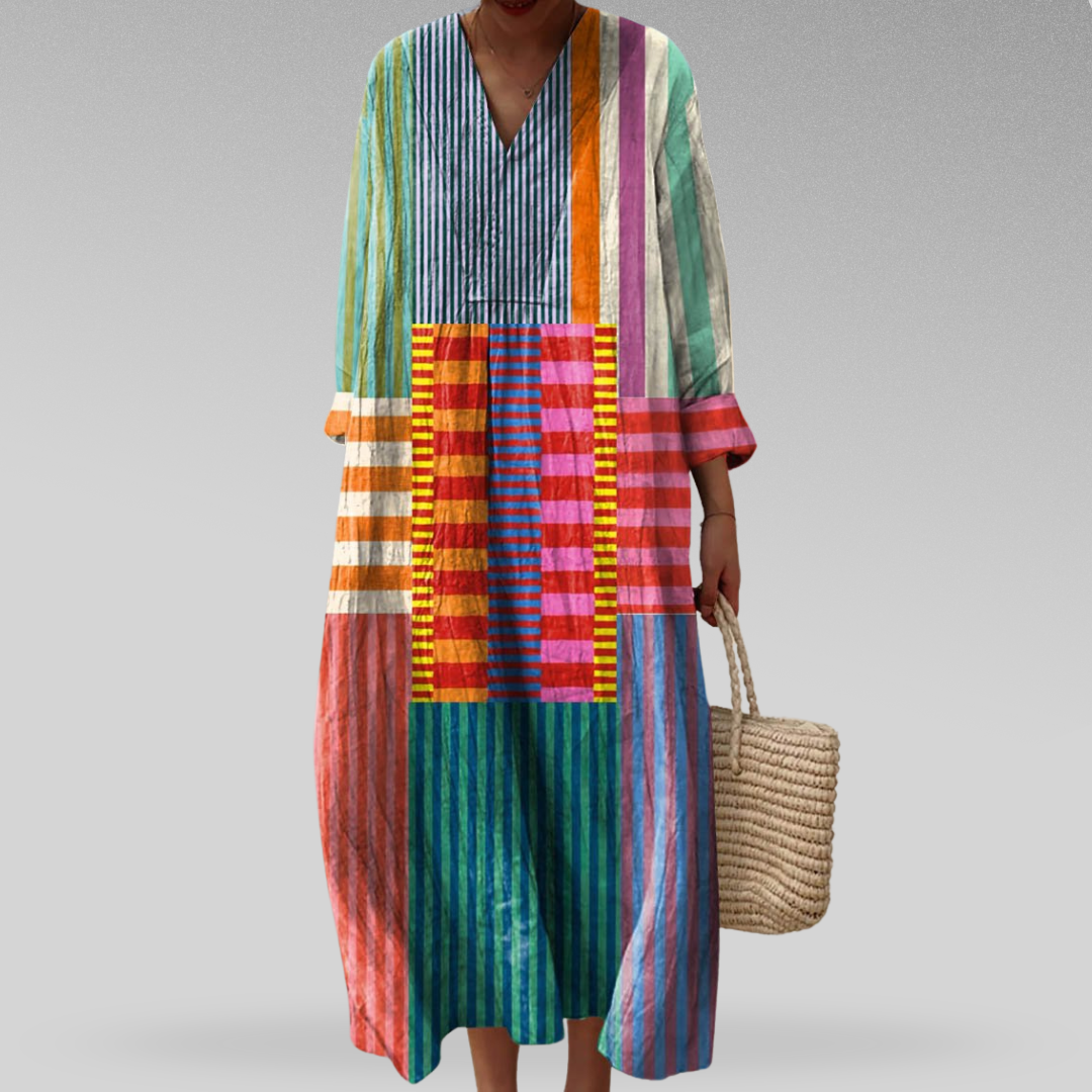 Sophie - Boho Women's Linen Maxi Dress with V Neck and Patchwork Print