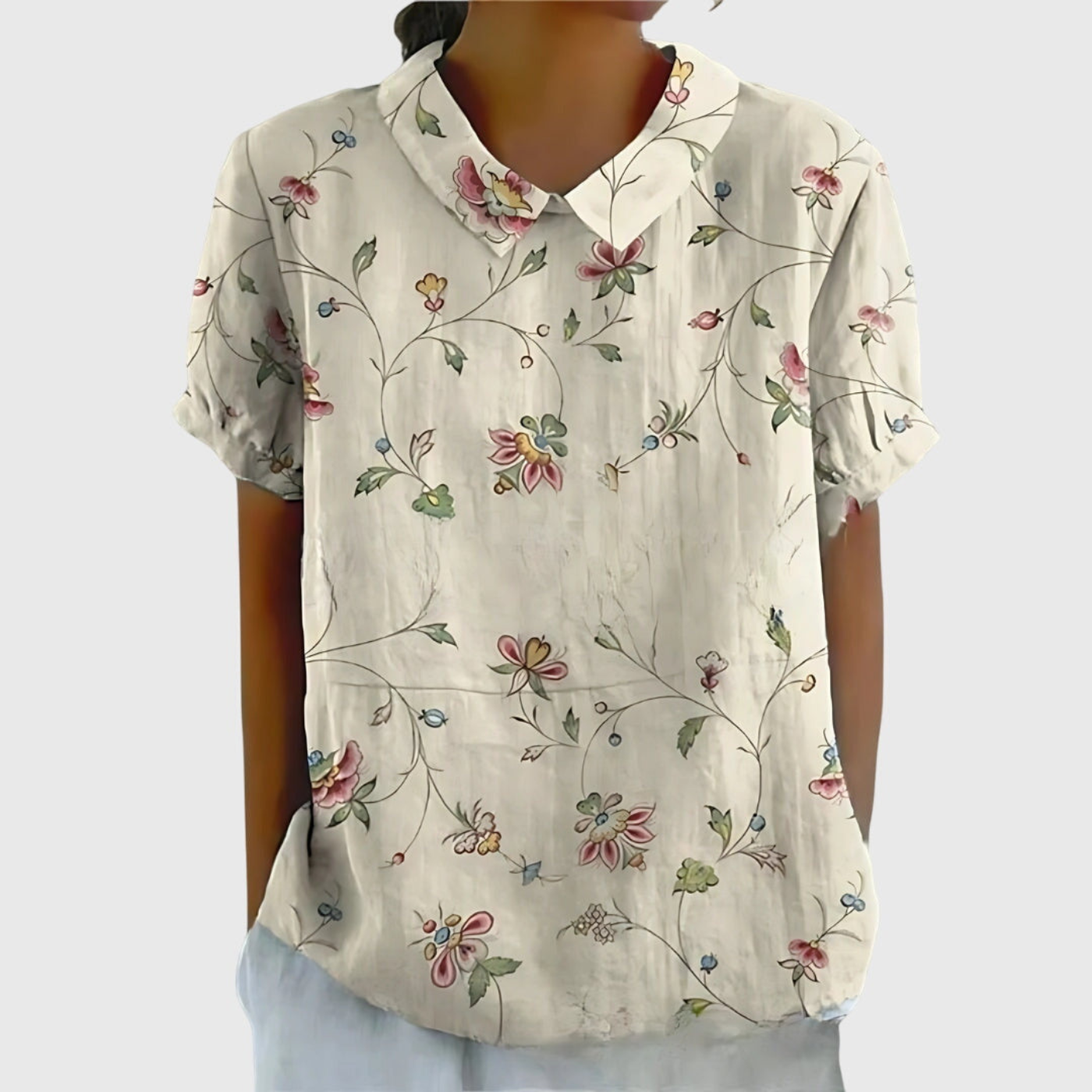 Thea - Women's Linen Floral Print Short Sleeve Collared Blouse