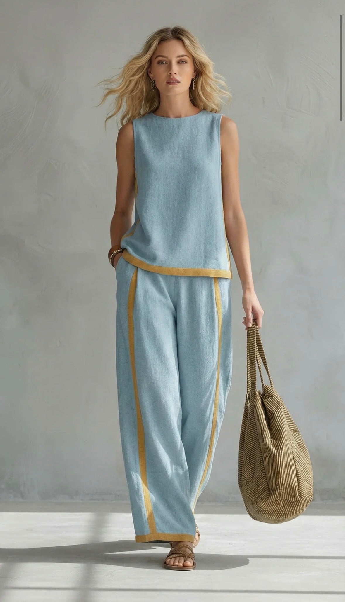 Willow - Smart Women's Linen Set with Contrast Trim and Wide Leg Trousers