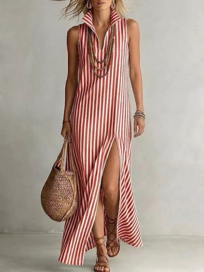 Beatrix - Flowy Women's Linen Maxi Dress with Striped Print and Collared Neckline