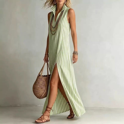 Beatrix - Flowy Women's Linen Maxi Dress with Striped Print and Collared Neckline