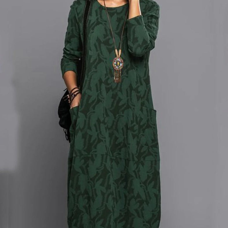 Alice - Casual Women's Maxi Dress with Long Sleeves and Round Neckline