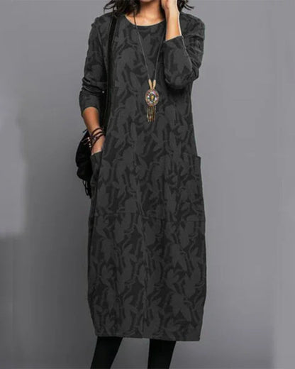 Alice - Casual Women's Maxi Dress with Long Sleeves and Round Neckline