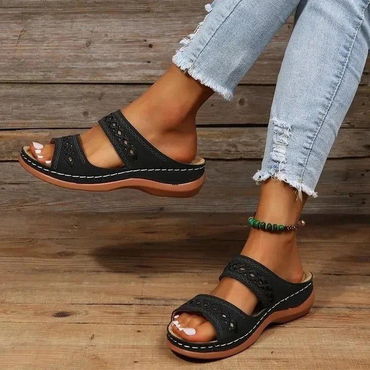 Amber - Boho Women's Orthopedic Wedge Mule Sandals with Cut-Out Strap Detail and Cushioned Sole