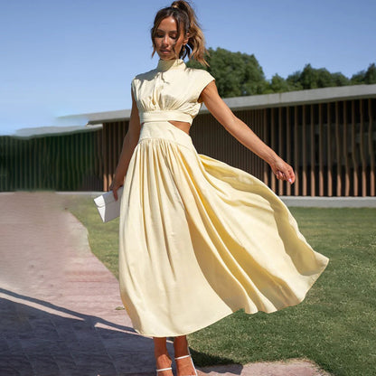Amelia - Chic Women's Wedding Guest Midi Dress with Cut Out Waist and High Neck
