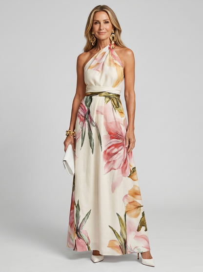 Amelia - Elegant Women's Wedding Guest Maxi Dress with Halter Neck and Floral Print