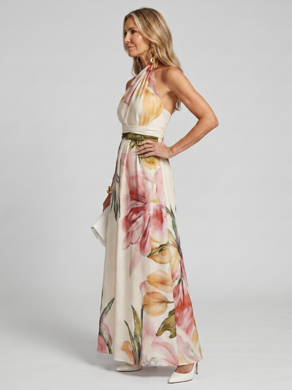 Amelia - Elegant Women's Wedding Guest Maxi Dress with Halter Neck and Floral Print