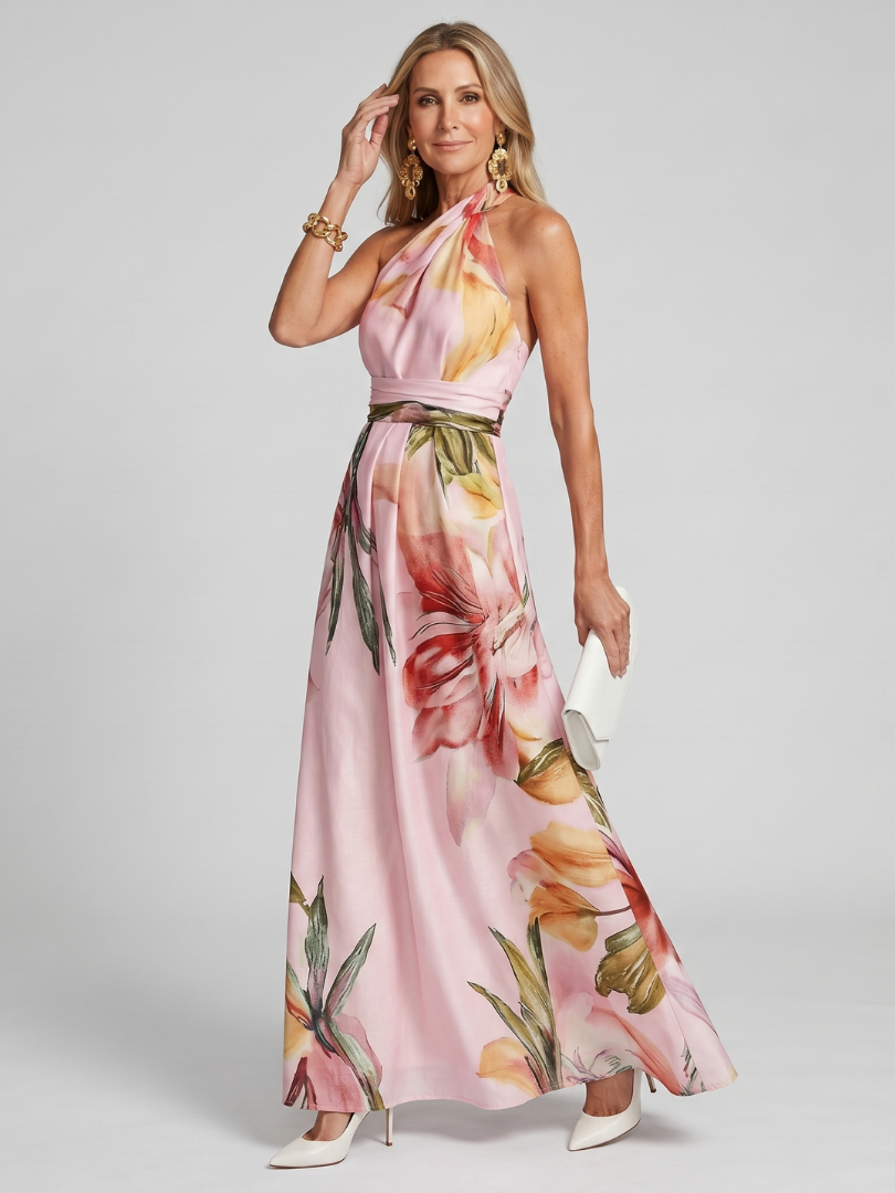 Amelia - Elegant Women's Wedding Guest Maxi Dress with Halter Neck and Floral Print