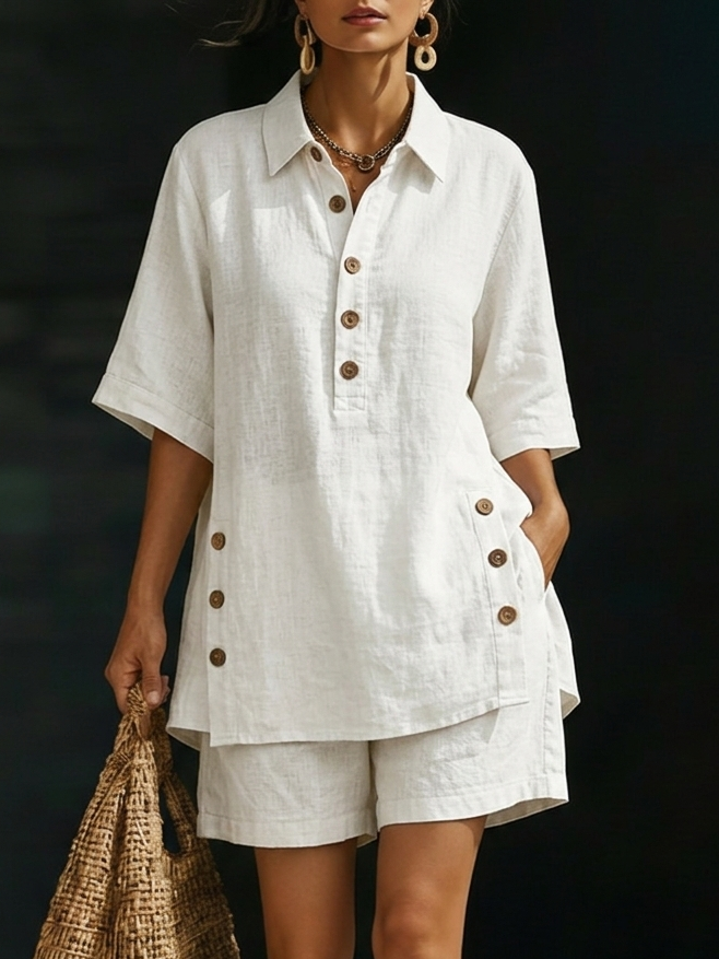 Amelia - Preppy Women's Linen Summer Set with Collared Top and Shorts