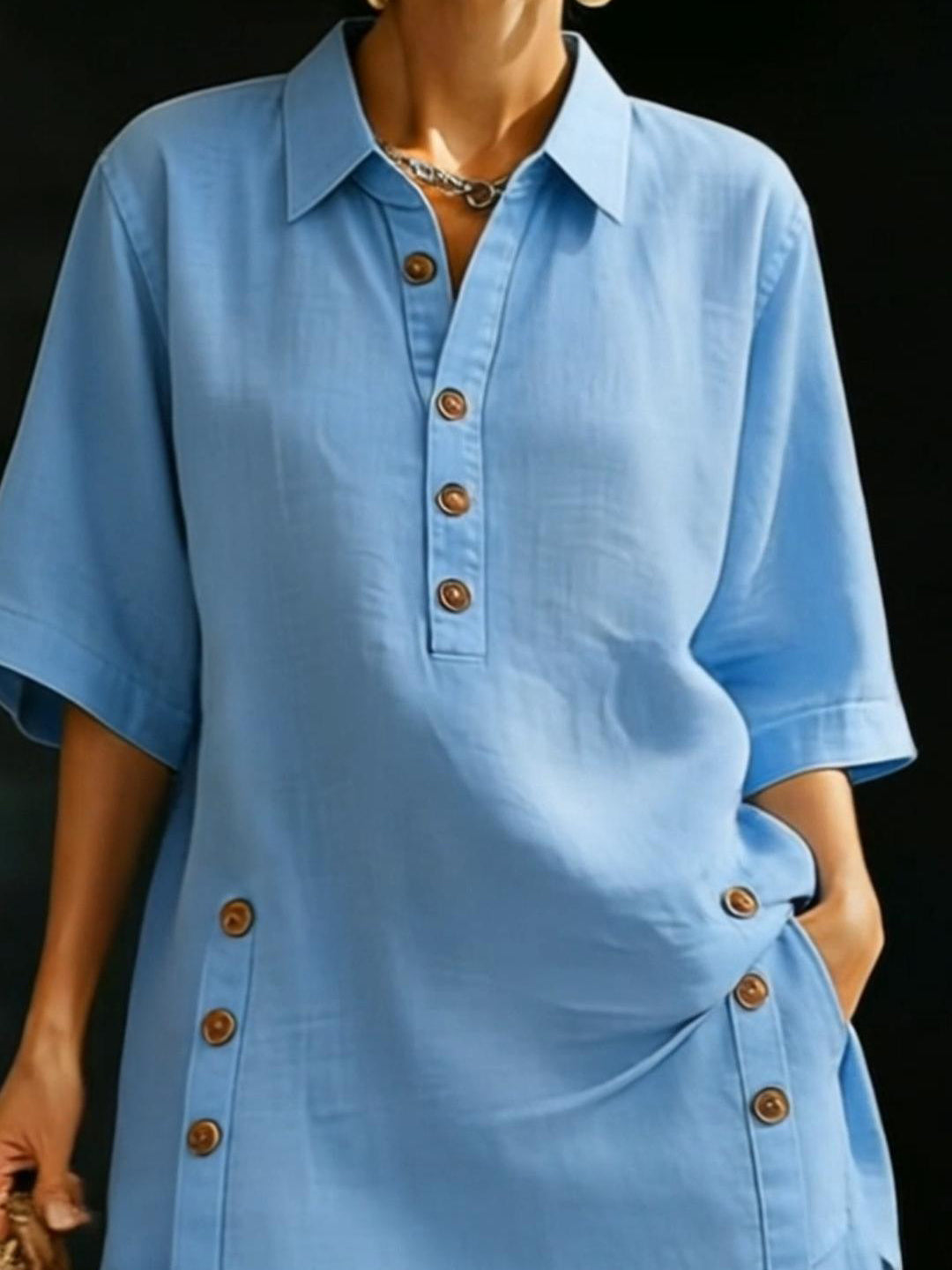 Amelia - Preppy Women's Linen Summer Set with Collared Top and Shorts