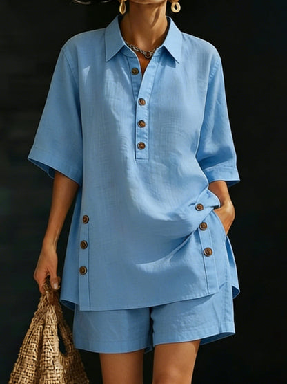 Amelia - Preppy Women's Linen Summer Set with Collared Top and Shorts