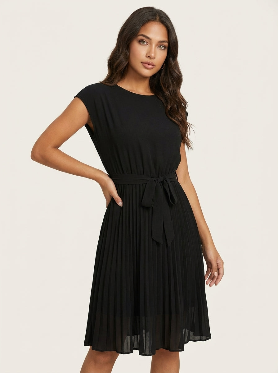 Amelia - Smart Women's Midi Summer Dress with Pleated Skirt and Tie Waist