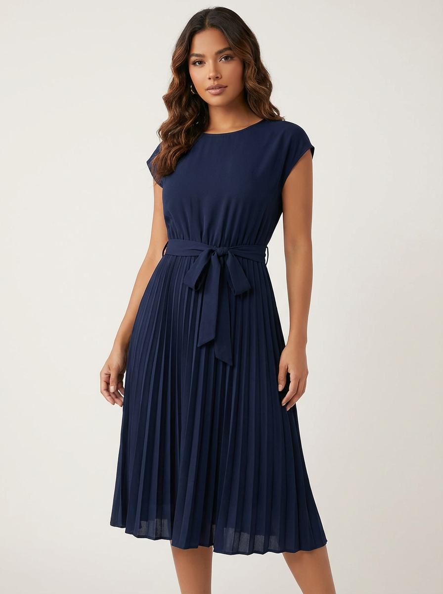 Amelia - Smart Women's Midi Summer Dress with Pleated Skirt and Tie Waist