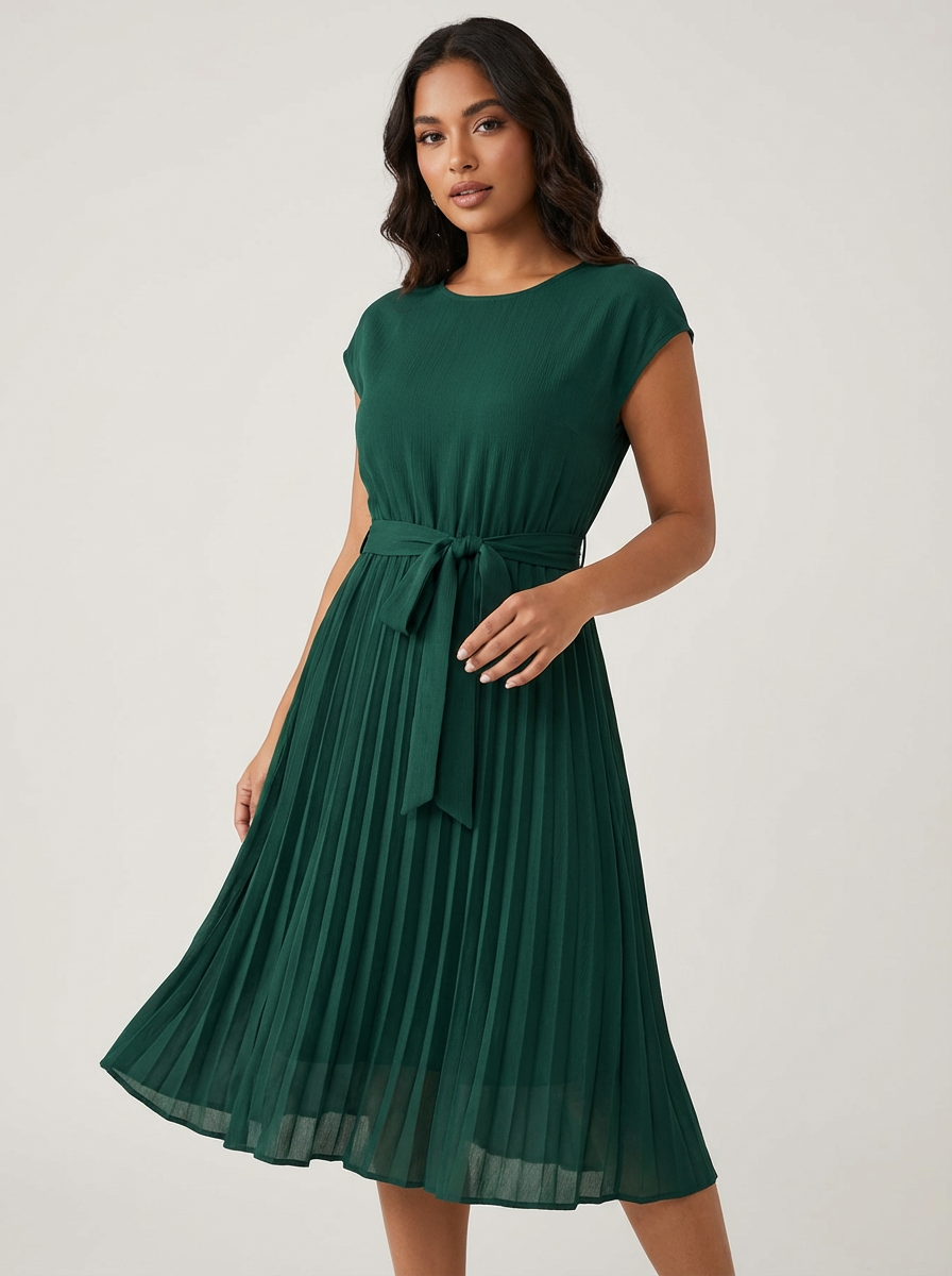 Amelia - Smart Women's Midi Summer Dress with Pleated Skirt and Tie Waist