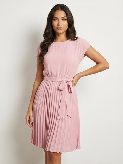 Amelia - Smart Women's Midi Summer Dress with Pleated Skirt and Tie Waist