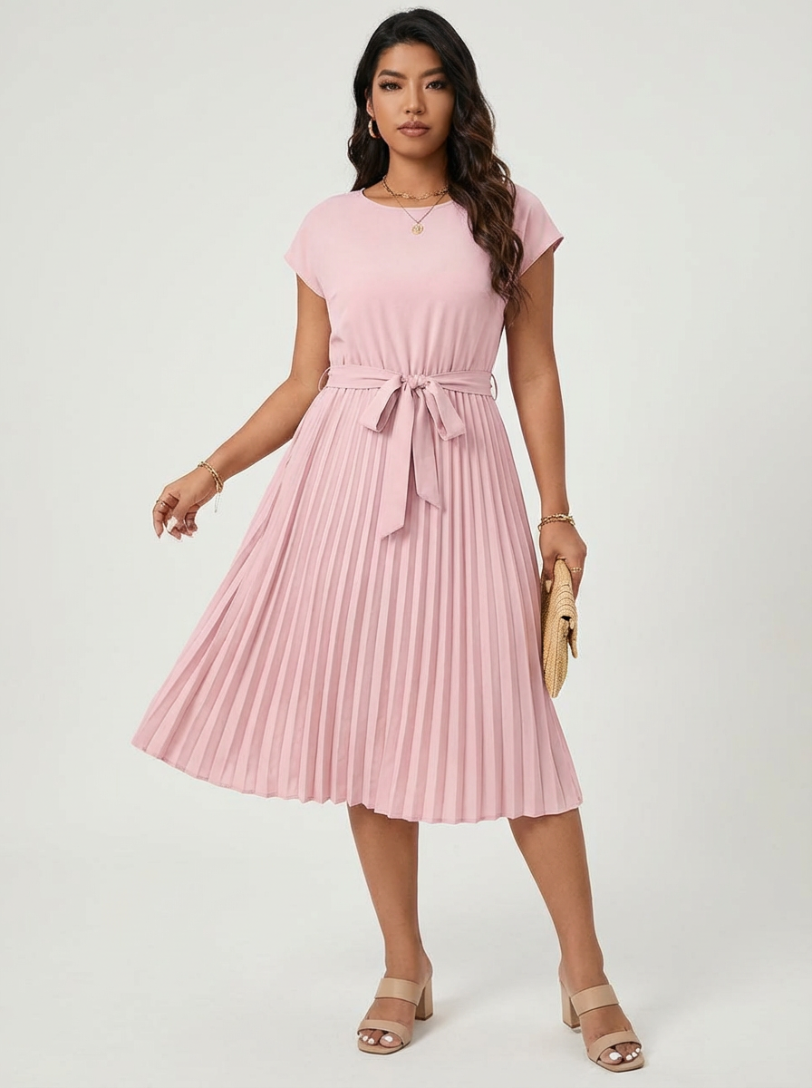 Amelia - Smart Women's Midi Summer Dress with Pleated Skirt and Tie Waist