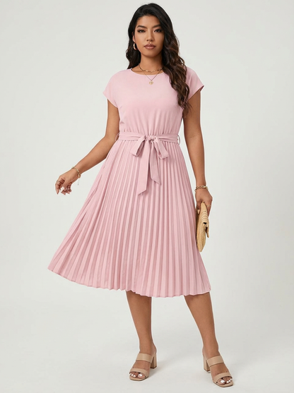 Amelia - Smart Women's Midi Summer Dress with Pleated Skirt and Tie Waist