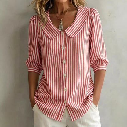 Annabel - Preppy Women's Linen Blouse with Peter Pan Collar and Striped Print